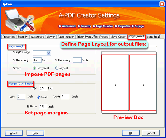 a-pdf creator setting for page layout